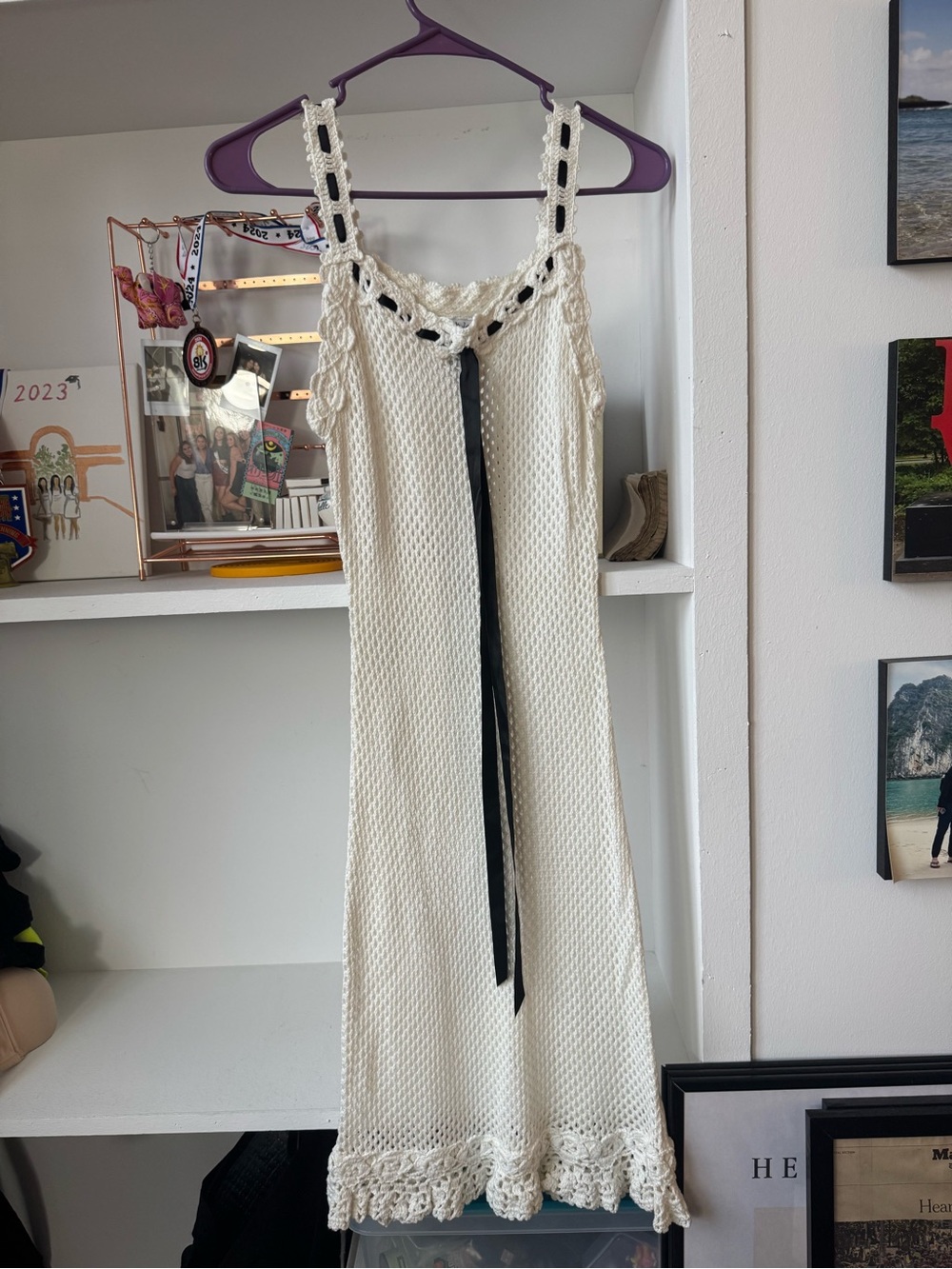 With Jean Cream Crochet Maxi Dress with Black Ribbon